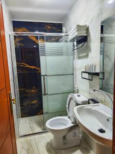 瓦迪穆萨Rakan ApartHotel and Luxury Rooms的带淋浴、卫生间和盥洗盆的浴室