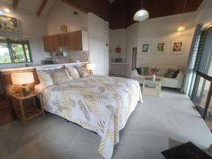 拉罗汤加穆里度假公寓的一间卧室设有一张床和一间客厅。
