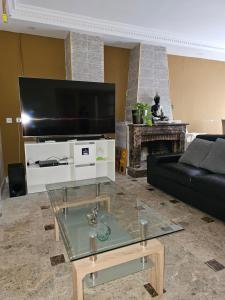 托莱多Villa los Cantos的客厅配有黑色沙发和平面电视。