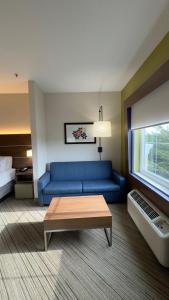 滨海城马里那智选假日套房酒店的一间位于酒店客房内的带蓝色沙发的客厅