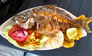 CasaresHorizonte Azul的饭盘,有鱼和饭