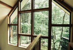 轻井泽Karuizawa Forest Seasons Villa的小屋的窗户,眺望着森林