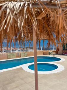 圣米格尔德阿沃纳Paz Ocean View, Air condition, Wifi, Heated pool的一个带草屋顶的大型游泳池