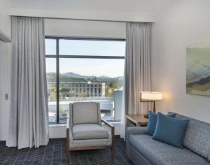 阿什维尔Embassy Suites By Hilton Asheville Downtown的带沙发、椅子和窗户的客厅