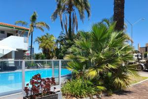 珀斯Econo Lodge Rivervale的一个带游泳池和棕榈树的度假村
