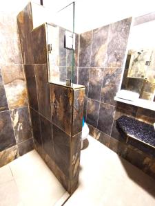巴克里索莫雷诺港洛斯阿尔加鲁博斯旅舍的一间带镜子和卫生间的淋浴的浴室