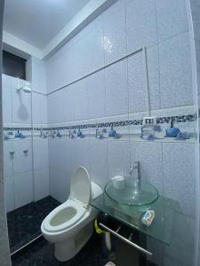 阿亚库乔Mini apartamento en Ayacucho的一间带卫生间和玻璃水槽的浴室