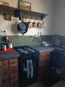 DeesideTimbermiller's cottage的厨房配有炉灶和一些锅碗瓢盆
