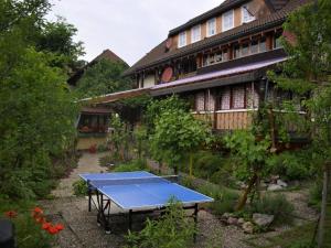 Appartement in Innerlehen mit Terrasse, Garten und Grill的大楼前的蓝色乒乓球桌