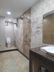 迪马普尔MAYUR HOTEL的一间带水槽、淋浴和卫生间的浴室