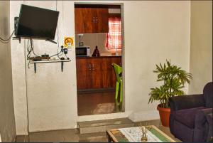 NausoriGuddy’s Riverside Cottage的带电视的客厅和厨房。