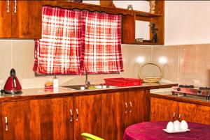 NausoriGuddy’s Riverside Cottage的厨房配有水槽和红色窗帘