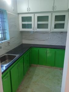 蒂鲁帕蒂RRRHomestay的厨房配有绿色橱柜和水槽