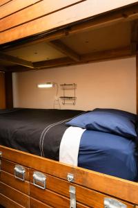 奥克兰哈卡小屋奥克兰旅舍的客房内的双层床配有蓝色和白色床单
