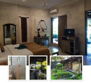 甘地达萨赞狄拉萨海风酒店的一张床铺和一台电视的卧室照片拼在一起