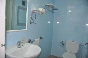 罗列特海岸Hostal - Pensión El Amigo的蓝色瓷砖浴室设有卫生间和水槽