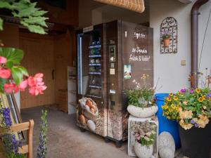 Holiday apartment Refugium Bühl的一间设有冰箱的房间,并种植了植物和鲜花