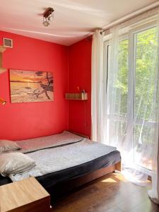 克拉科夫Cosy room Aleja Kijowska的卧室设有红色墙壁、一张床和一个窗户