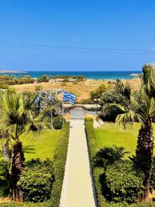 卡特罗斯卡尔特罗斯酒店的穿过棕榈树和海洋的公园的步行道