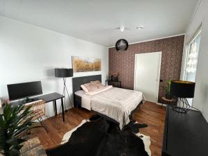 拉赫蒂Modern & Stylish 2BR Apartment with Sauna, Terrace and Free Private Parking的一间卧室配有一张床和一台电视