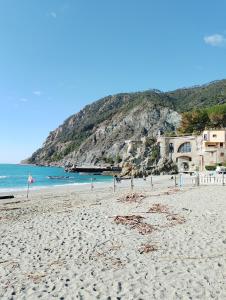 皮尼奥内La medievale 1的沙滩上,有建筑和海洋