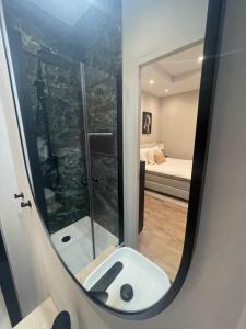 阿姆斯特丹Amsterdam Grachtenappartement的一个带水槽的浴室镜子和一间卧室
