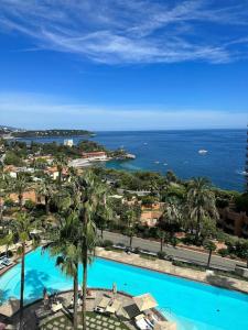 蒙特卡罗Luxurious Monaco Flat: Stunning Views & Amenities的享有带游泳池的度假村的空中景致
