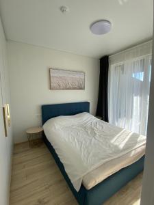 帕兰加Laiminga banga的一间卧室配有一张带蓝色床头板的床和窗户