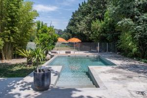阿尔勒La Madeleine Arles的院子里的游泳池,种植了盆栽植物