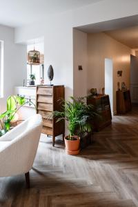 沃勒莱罗斯Maison Grand Sable的一间客厅,地板上种植了盆栽植物