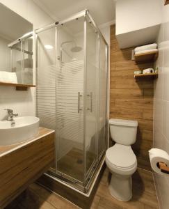 伊基克Hotel Inti - Llanka的一间带卫生间和玻璃淋浴间的浴室