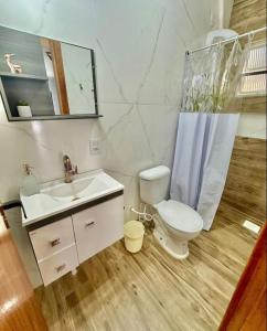 圣若泽Apartamentos - Estúdios的一间带卫生间、水槽和镜子的浴室
