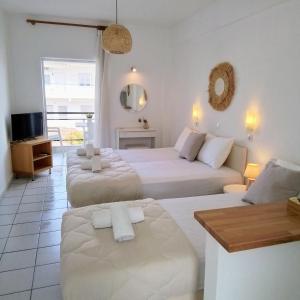 佩科霍里Villa Thalassa Apartments的酒店客房设有两张床和电视。