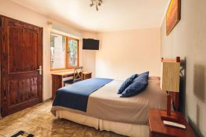 拉塞雷纳Hotel Serena Suite的一间卧室配有一张带蓝色枕头的床和一张书桌
