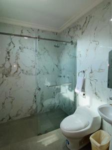 萨利纳斯HOTEL MARLUZ的一间带卫生间和玻璃淋浴间的浴室
