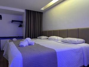 马塞约Mcz Hotel的一间卧室配有两张带紫色床单和枕头的床。