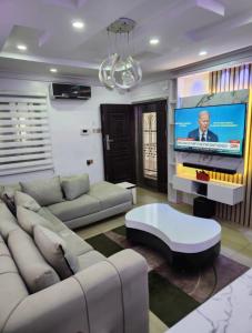 拉各斯Kings Lux Home的带沙发和平面电视的客厅
