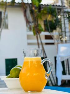 阿拉亚尔-杜卡布Pousada Estalagem dos Corais da Prainha的坐在桌子上的一杯橙汁
