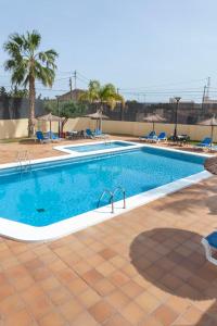 圣胡安·德·阿利坎特Hospedium Hotel Abril的棕榈树度假村内的大型游泳池