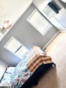 奥沙瓦Home with Nance的一间卧室设有2扇窗户和1张带毯子的床