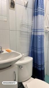 库斯科El Viejo Roble的浴室配有卫生间、盥洗盆和淋浴。