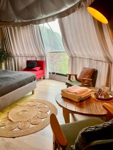 卡齐米日-多尔尼Na Skraju Lasu Domek na Drzewie & Glamping的客厅配有红色的沙发和桌子