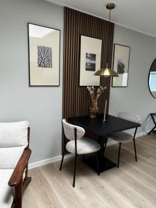 霍勒姆43号一室公寓的一间用餐室,配有黑色的桌子和椅子