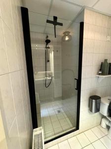 霍勒姆43号一室公寓的浴室里设有玻璃门淋浴