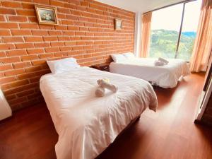 巴尼奥斯Casa de Campo El Descanso的砖墙客房的两张床