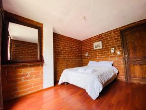 巴尼奥斯Casa de Campo El Descanso的砖墙卧室配有一张床和镜子