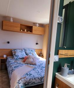 鲁西隆地区卡内Mobil-home Le cocon的一间小房间的卧室,配有一张床铺