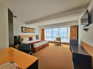 利马阿尔霸套房酒店的酒店客房设有一张床和一个大窗户
