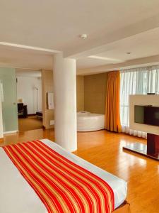 利马阿尔霸套房酒店的大型客房设有一张床和一个壁炉。