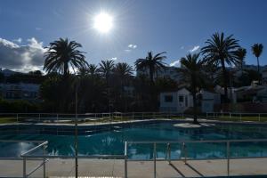 托雷加迪亚罗Beach and Golf House Sotogrande - Torreguadiaro的一座棕榈树环绕的大型游泳池